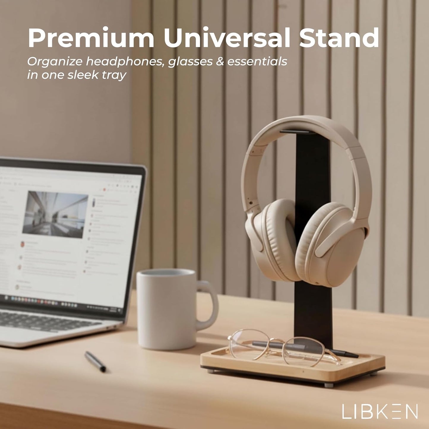 Wooden Headphone Stand with Storage Tray – Rubberwood & Metal Headset Holder with Anti-Slip Base, Scandinavian Desk Headphone Stand for Organizing Headphones, Phone, Keys & Accessories