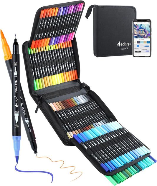 100 Colors Numbered Dual Tip Brush Pens with Free App, Fine and Brush Tips Pens for Adults, Coloring Markers for Coloring Book Bullet Journaling Note Taking Planner Hand Lettering