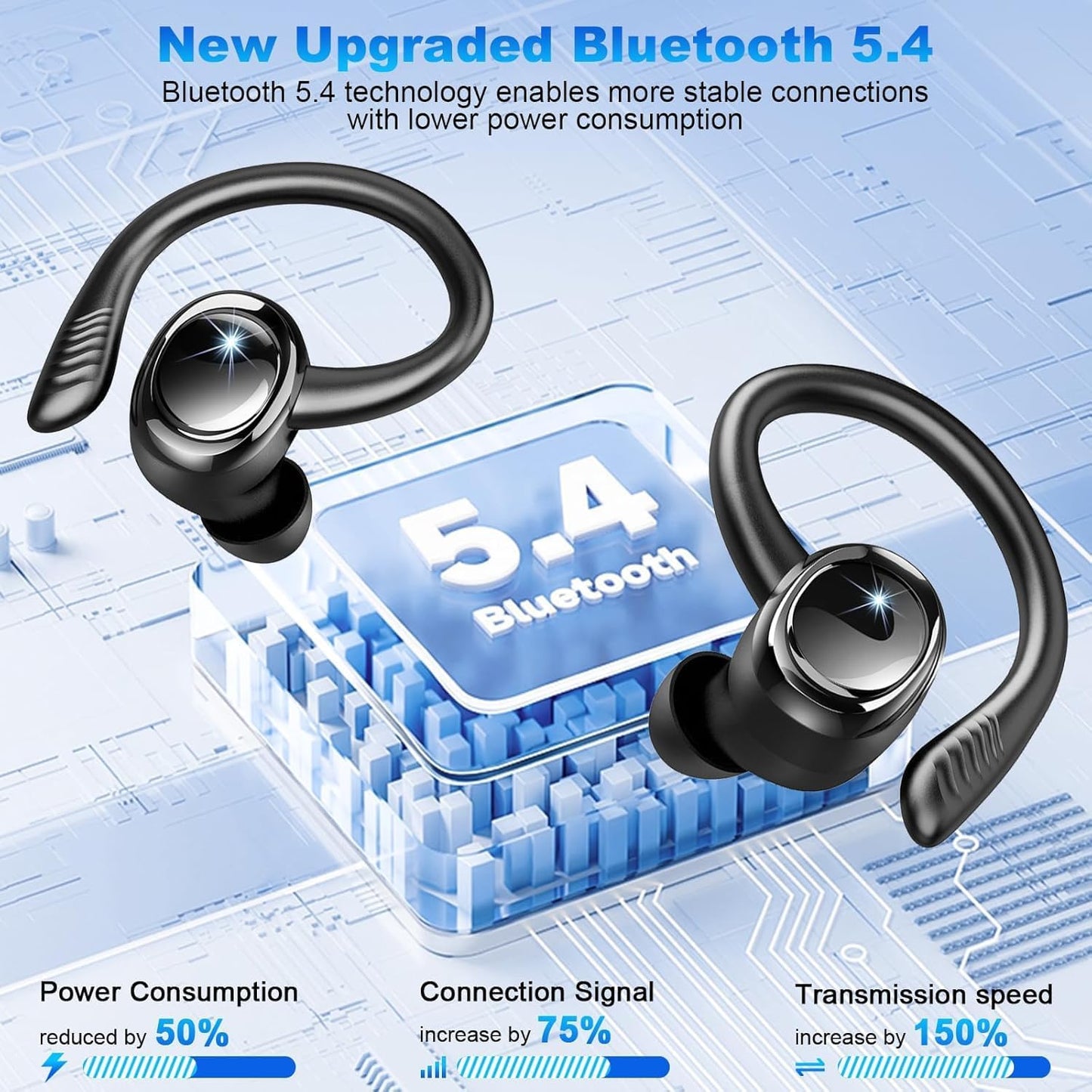 Wireless Earbuds Bluetooth 5.4 Headphones Sport, New Bluetooth Earbuds with Earhooks, 50H Stereo Over Ear Buds, Earphone with 4 ENC Noise Canceling Mic, IP7 Waterproof Headset for Running/Gym/Workout