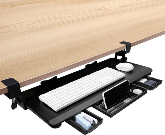 Large Keyboard Tray Under Desk Slide Out with Sturdy C-Clamp Mount and Storage Drawer, 27" (31" Including Clamps) x 12" Ergonomic Keyboard Trays for Home and Office, Black