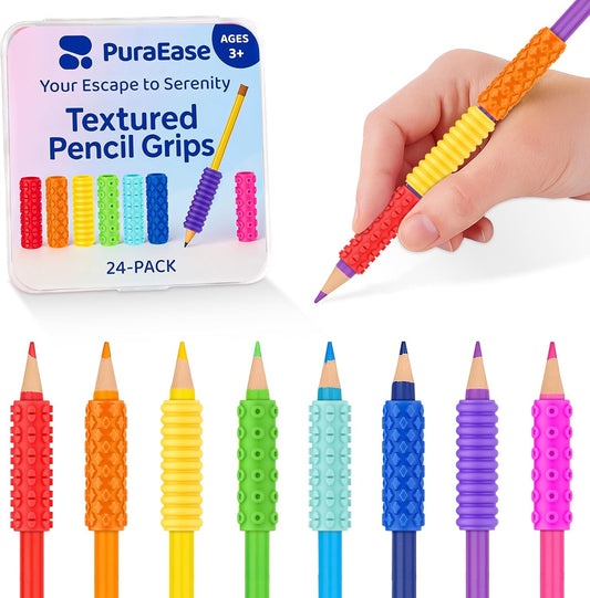 Textured Pencil Grips for Kids, Teens & Adults – 24PC Sensory Fidget Toys for ADHD, Autism, Anxiety & Stress Relief - Ideal for Teachers as Educational Tools or Classroom Rewards
