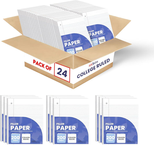 Loose Leaf Paper, Lined Notebook Paper, College Ruled Filler Paper, 200 Sheets, 3-Hole Punched, 10.5” x 8”, Binder Paper for Notetaking, Case Pack of 24