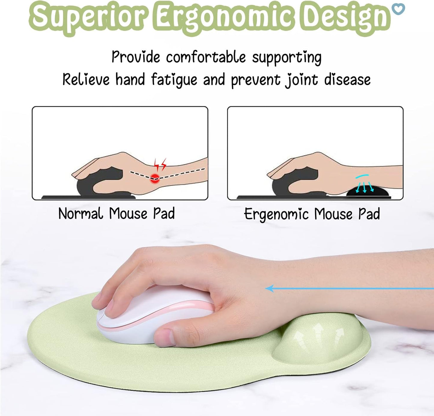 Hsurbtra Ergonomic Mouse Pad with Wrist Rest Support, Gel Mouse Pads with Non-Slip PU Base, Pain Relief Memory Foam Computer Mat, Cute Office Supplies Desk Decro Accessories, Lake Green