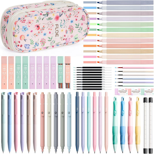 65PCS Aesthetic School Supplies with Cute Pencil Case, Pastel Highlighters Gel Pens Mechanical Pencils Set 0.5 0.7 & 2.0mm, Office Back to School Supplies College Essentials Kit Student Stationary Set