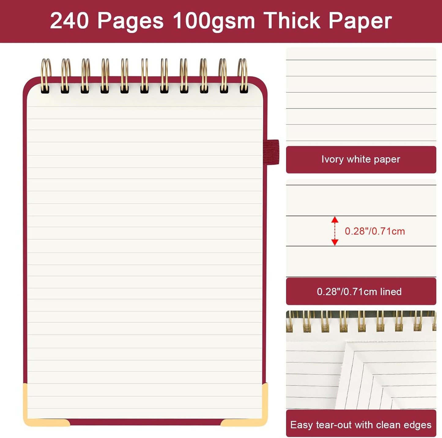 Mousbull Top Spiral Notebook, A5 Hardcover Top Bound Steno Pads, 240 Pages 100gsm College Ruled Left Handed Notebook Journal for Work, School, Meeting Writing - Red, 5.9" x 8.5"
