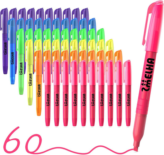 SMELHA Highlighters - 60 Pack Assorted Colors, Chisel Tip, Quick Dry, Suitable for Offices, Schools, Home