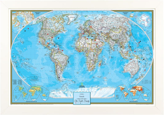 Canvas Classic World Map Pin Board – Framed Travel Map with Pins for Wall – Personalized Push Pin World Map for Tracking Journeys – 27.5" x 39.5" Textured White Frame