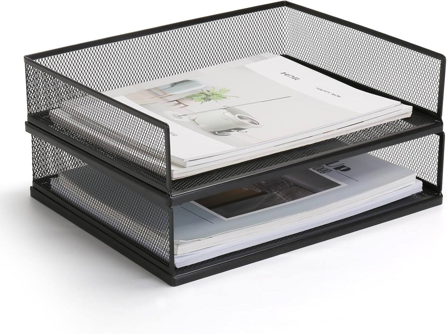 Wire Mesh Letter Trays Paper Tray Desk File Organizer, 2 Pack Stackable Metal Front-Load Documents Tray for Office Supplies File (Transverse)