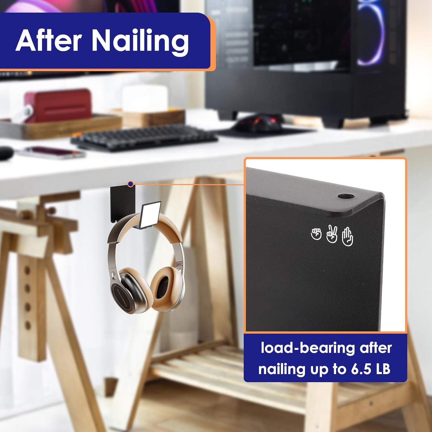 HC128 Headphone Holder Hanger for Desk, Include Adhesive Strips, Universal Headset Stand for PS4/PS5/Xbox/PC/Mac/Headphones Game Controller Hanger (Square)