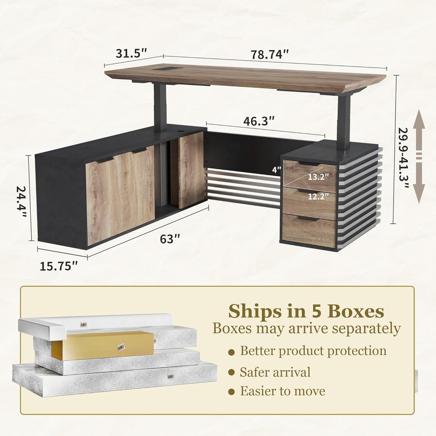 SAINTCY 78.74In L Shaped Executive Standing Desk with Drawers, Large Modern Adjustable Heigh Home Office Desk w/File Cabinet, AC/USB, Business Workstation, Black and Warm Oak