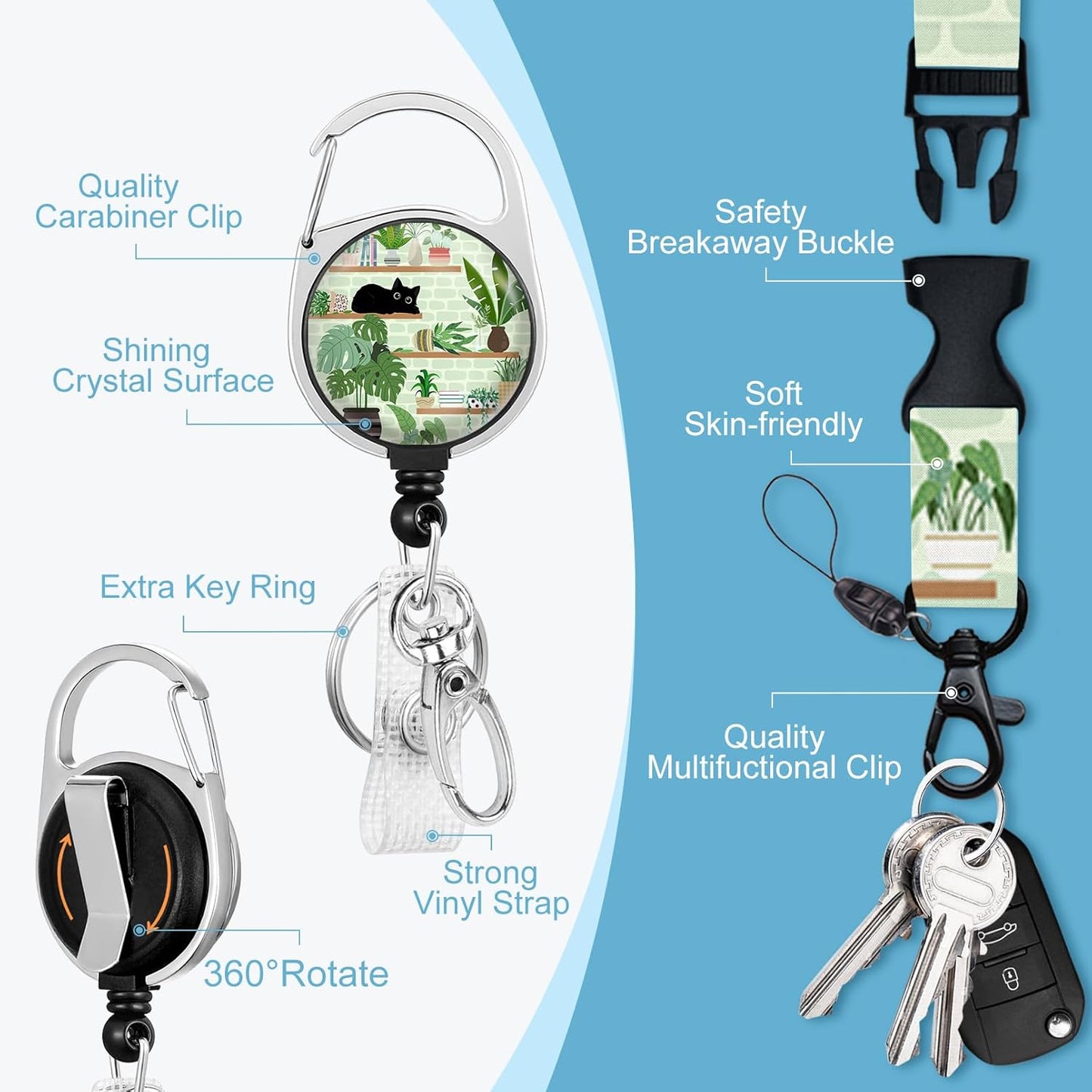 Immaturus Cute Cat Lanyard with Id Holder, Plant ID Badge Holder with Retractable Lanyard, ID Holder with Badge Reel Clips, Animal Keychain Name Tag ID Card Holder Teacher Women Doctor Office Gift