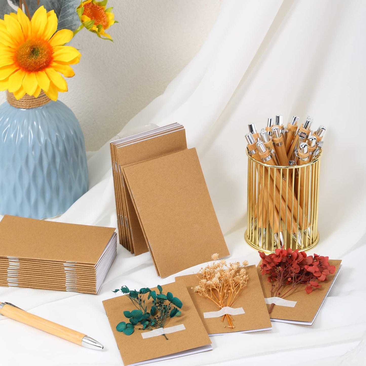 Kisston 50 Sets Mini Pocket Notebook with Pens Bulk Valentine Notebook Gifts Small Memo Notepad with Bamboo Pens for Employee Coworker Team Gifts(Classic Color)