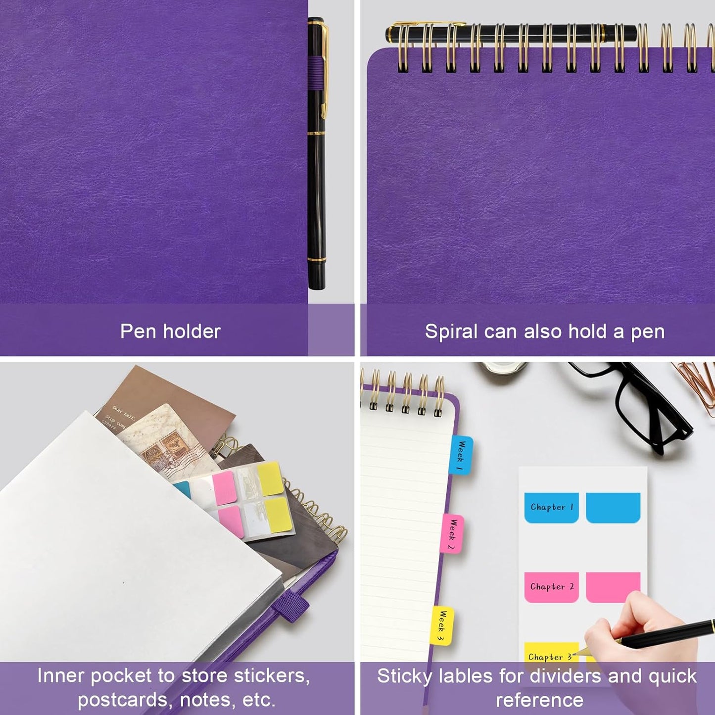 Mousbull A4 Top Spiral Notebook, Large Leather Hardcover Top Bound Steno Pads, 240 Pages 100 gsm Thick Lined Paper Left Handed Notebook Journal for Work, School, Meeting Writing - Purple, 8.5" x 11"