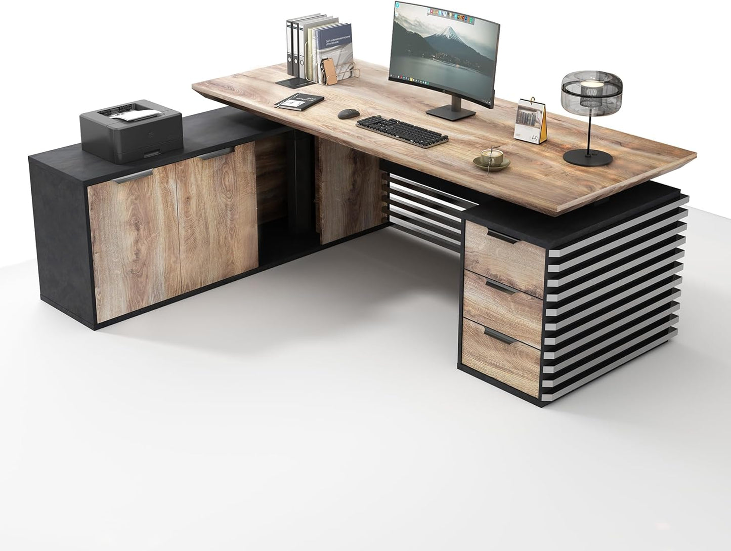 SAINTCY 78.74In L Shaped Executive Standing Desk with Drawers, Large Modern Adjustable Heigh Home Office Desk w/File Cabinet, AC/USB, Business Workstation, Black and Warm Oak