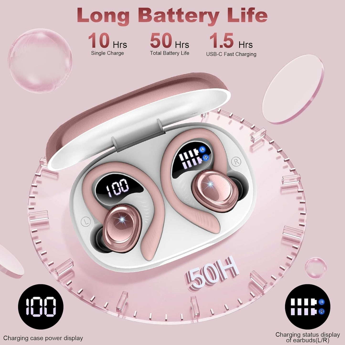 Wireless Earbuds Bluetooth 5.4 Headphones Sport, New Bluetooth Earbuds with Earhooks, 50H Stereo Over Ear Buds, Earphone with 4 ENC Noise Canceling Mic, IP7 Waterproof Headset for Running/Gym/Workout