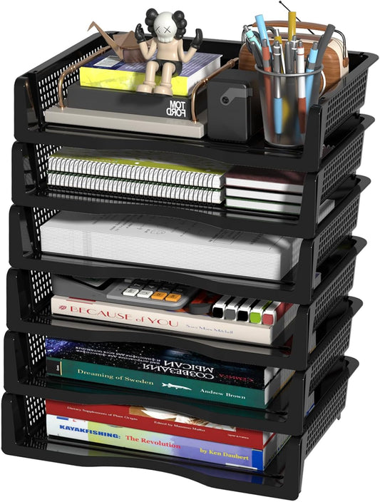 Xyskin 6 Tier Black Plastic Stackable Organizer Trays, Desktop Letter Tray for Office, Home, School