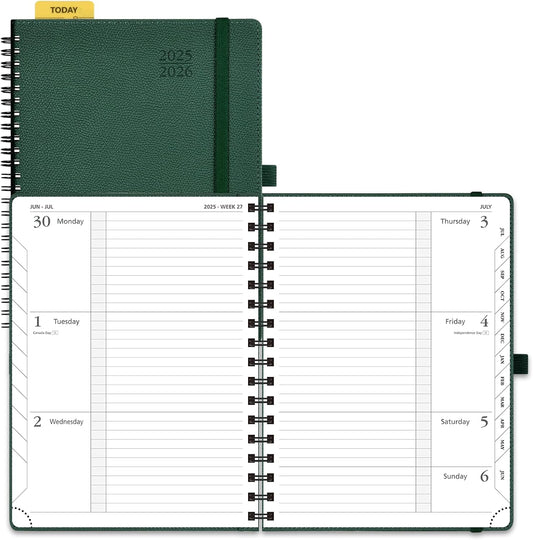 POPRUN Planner 2025-2026, Horizontal Weekly Notebook Jul.25-Jun.26 (Medium 6.75''x 8.75''), Academic Calendar Book with Monthly Tabs, Spiral Soft Cover, Inner Pocket, 100 GSM - Army Green
