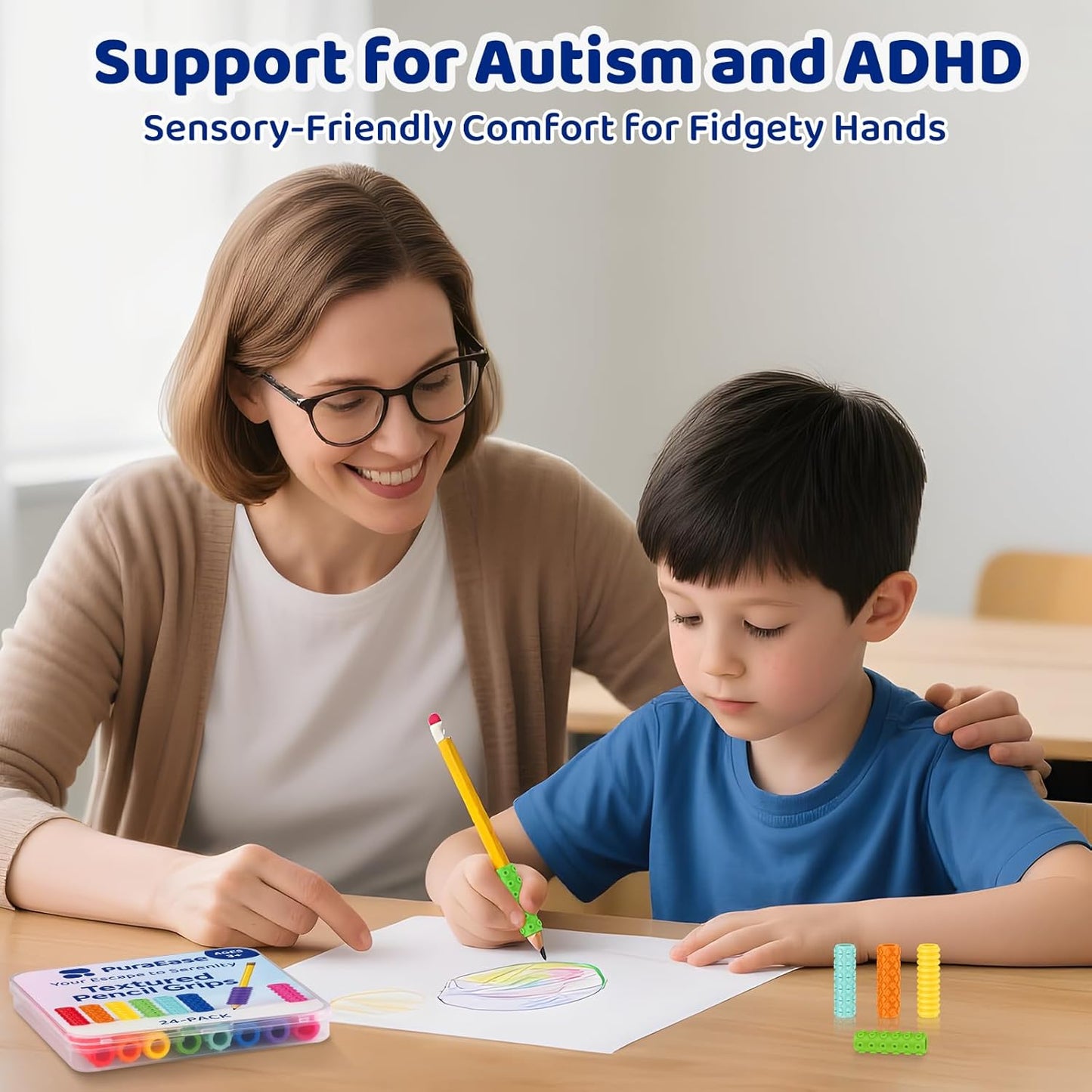 Textured Pencil Grips for Kids, Teens & Adults – 24PC Sensory Fidget Toys for ADHD, Autism, Anxiety & Stress Relief - Ideal for Teachers as Educational Tools or Classroom Rewards