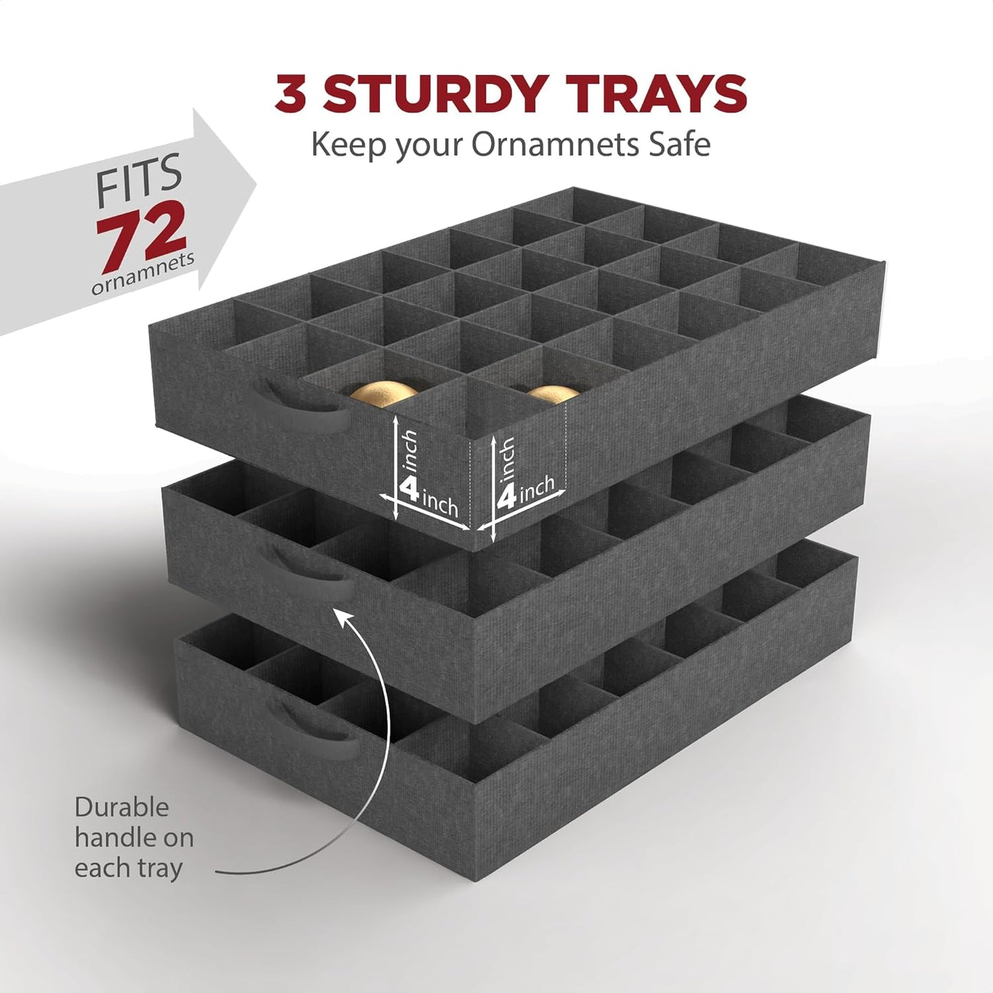 HOLDN’ STORAGE Premium Christmas Ornament Storage Box – Holds up to 72 4” Ornaments, Durable 600D Fabric, Adjustable Dividers, 3 Removable Trays – Metal Frame – Black