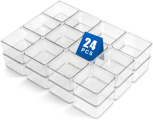 Hudgan 24 Pcs Small Drawer Organizer BinsSet, Stackable Drawer Divider Trays for Makeup Vanity, Bathroom, Office Desk, Straight Sides Tray Perfect for Craft Supplies, Cosmetics