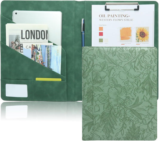 Professional Faux Leather Padfolio with Clipboard – Business Portfolio Organizer Folder & Resume Folder with Card Slots, Pen Holder, and Notebook Organizer, A4 Writing Pad for Office, Green