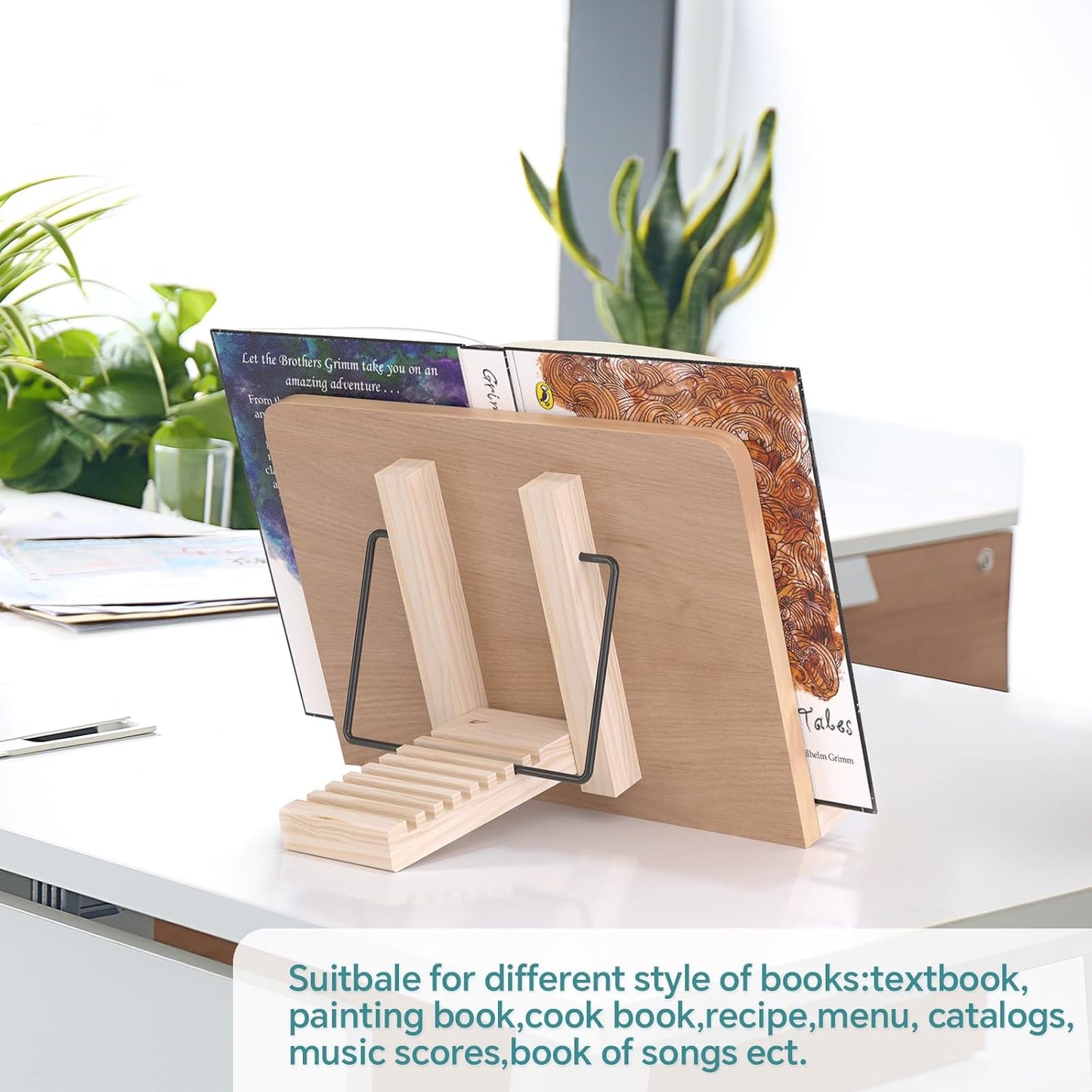 Book Reading Stand,8 Adjustable Height Holder Tray with Elastic Page Paper Clips for Textbook/Cookbook/Music Scores/Tablet/Laptop,Lightweight Reading Hands Free Desktop Document Book Mount