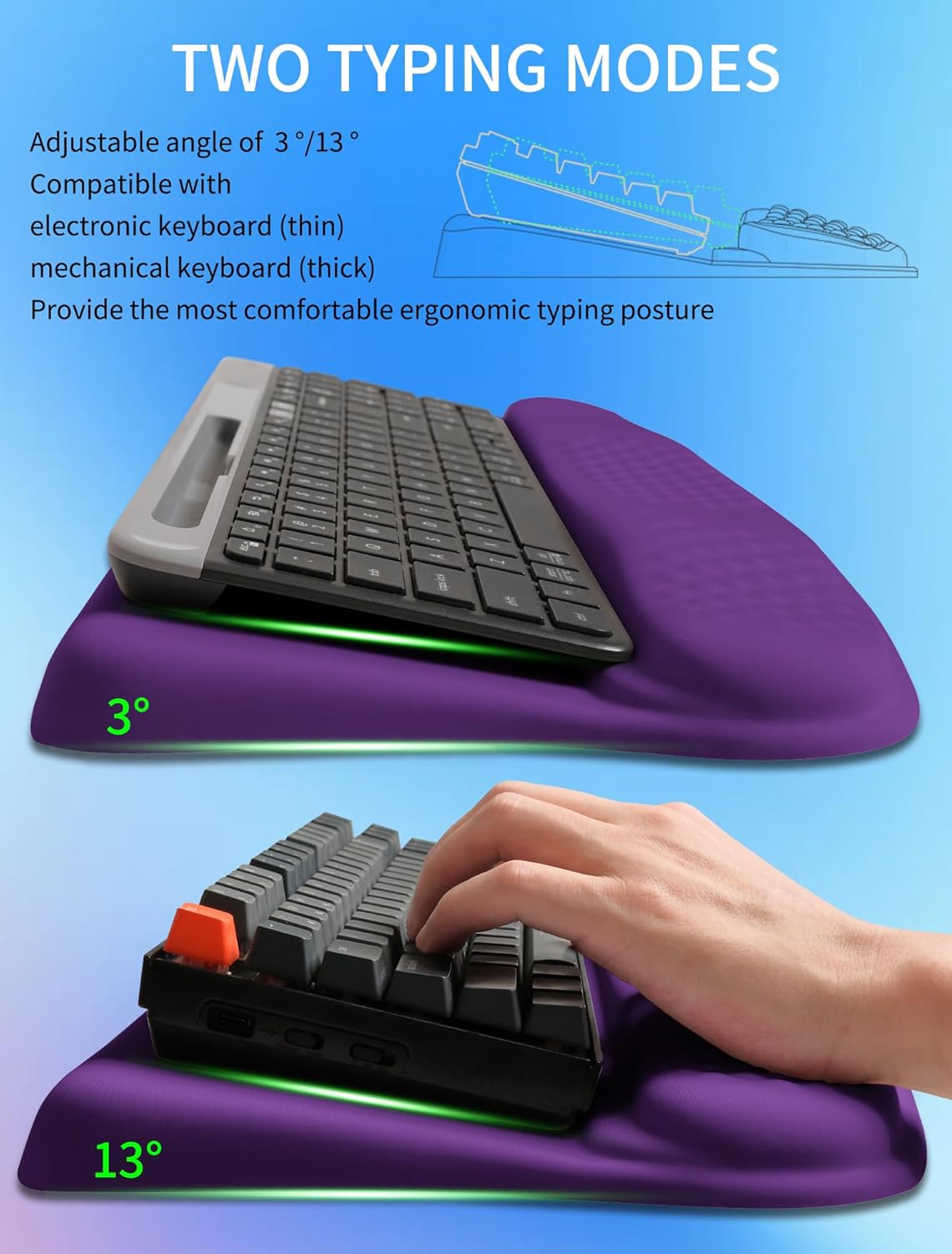 Ergonomic Wave Wrist Rest with Keyboard Stand, Cushioned Palm Rest, Comfortable Integrated Memory Foam for Natural Typing and Relieve Wrist Pain, Rich Purple