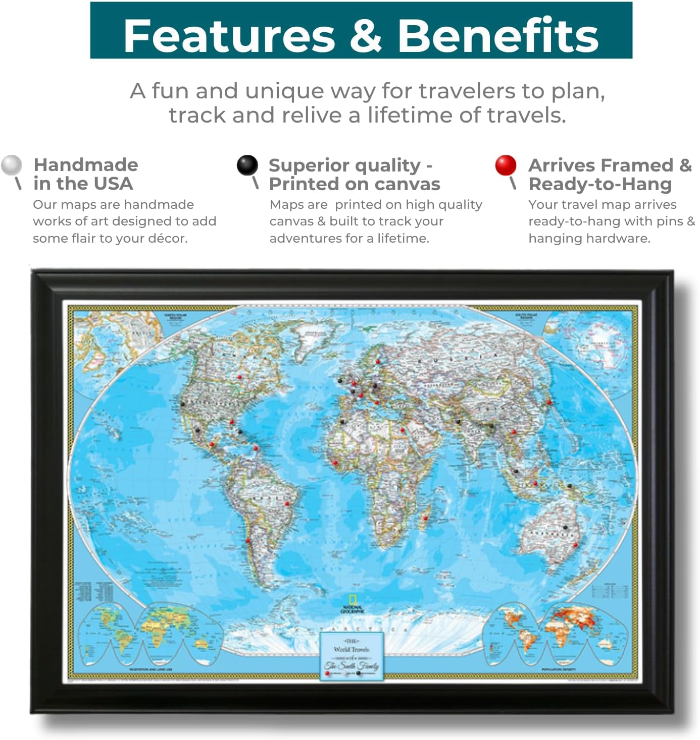 Canvas Classic World Map Pin Board – Framed Travel Map with Pins for Wall – Personalized Push Pin World Map for Tracking Journeys – 27.5" x 39.5" Brown Frame