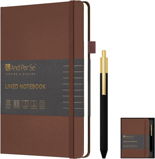 &And Per Se Lined Journal and Pen Set, A5 Leather Journal Stationery Set, 160 Pages 100GSM Thick Paper, Notebook Gift Set (Brown)