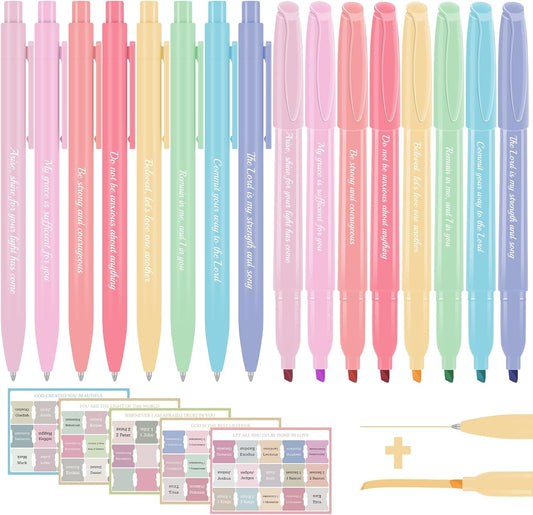 Bible Highlighters Assorted Colors and Gel Pens Set, 8 Pastel Highlighter Markers 8 Colored Ink Gel Pens, 75 Tabs, No Bleed, Quickly Dry for Bible Study, Motivational Gift for Christians