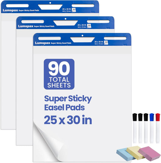 Sticky Easel Pads 25x30 In, 3 Pack Large Self Stick Flip Chart Paper with Enhenced Power, 90 Sheets Total