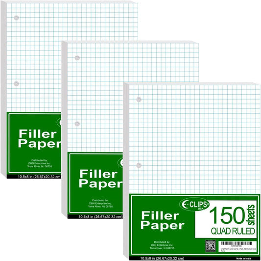 Loose Leaf Paper, Quad Ruled Filler Paper, Graph Paper, 4 square per Inch Quad Ruled 10.5” x 8”, 48 Packs