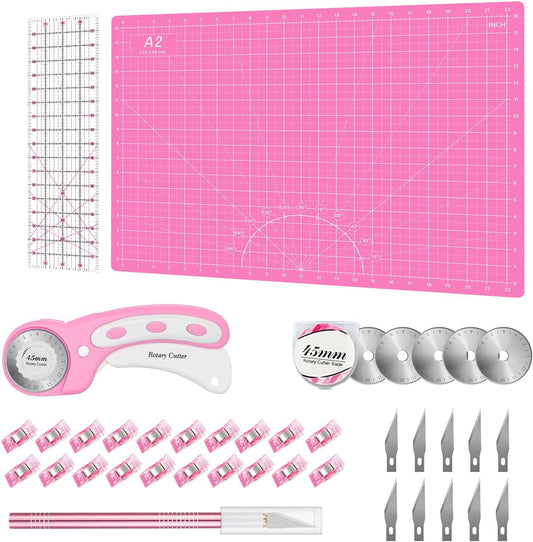 Rotary Cutter Set Pink - Quilting Kit incl. 45mm Fabric Cutter, 5 Replacement Blades, A2 Cutting Mat, Acrylic Quilting Ruler and Sewing Clips, Craft Knife Set, Ideal for Crafting, Sewing, Patchworking