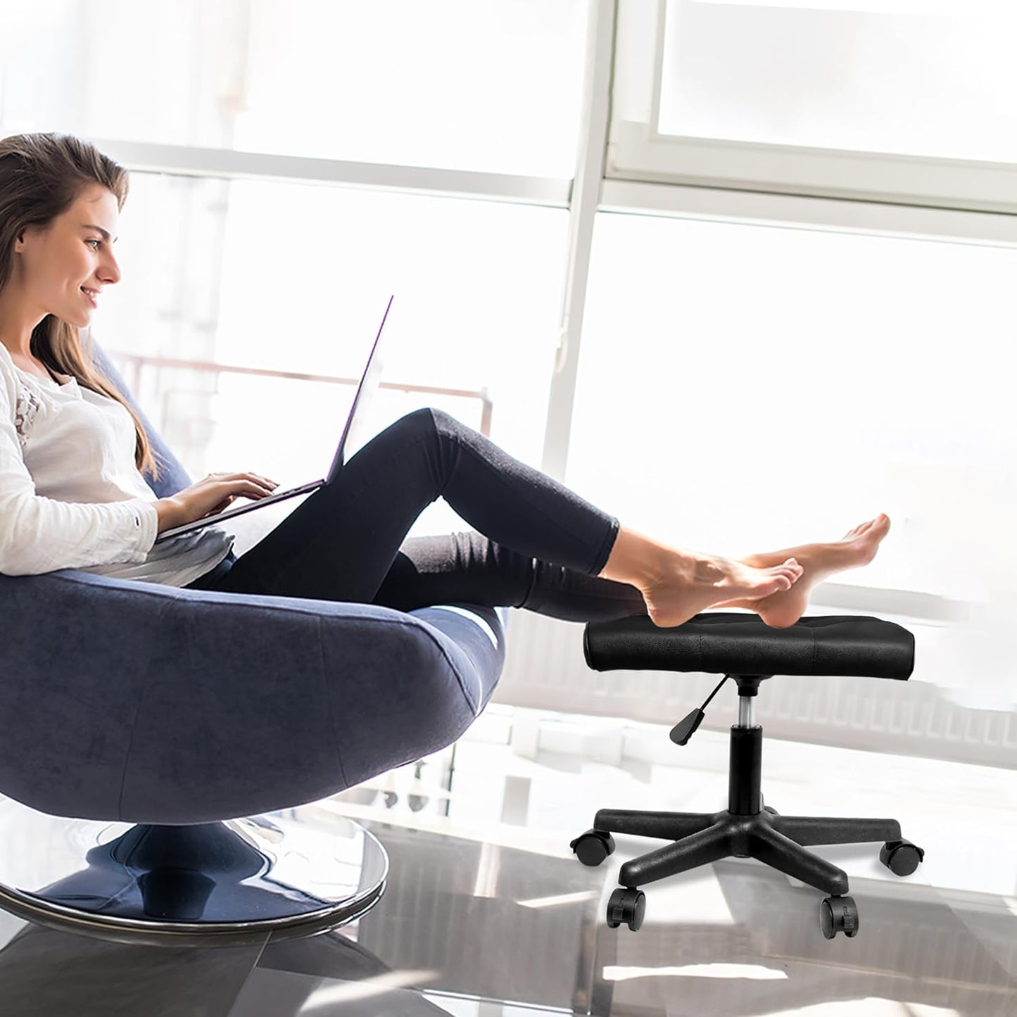 Real Leather Tall Foot Stool, Adjustable Leg Rest Ottoman Footrest with Wheels & Thick Padding, Ergonomic Footrest for Office & Gaming Chairs - Height 14.6-19.6 Inch, Lockable 360-Degree Casters