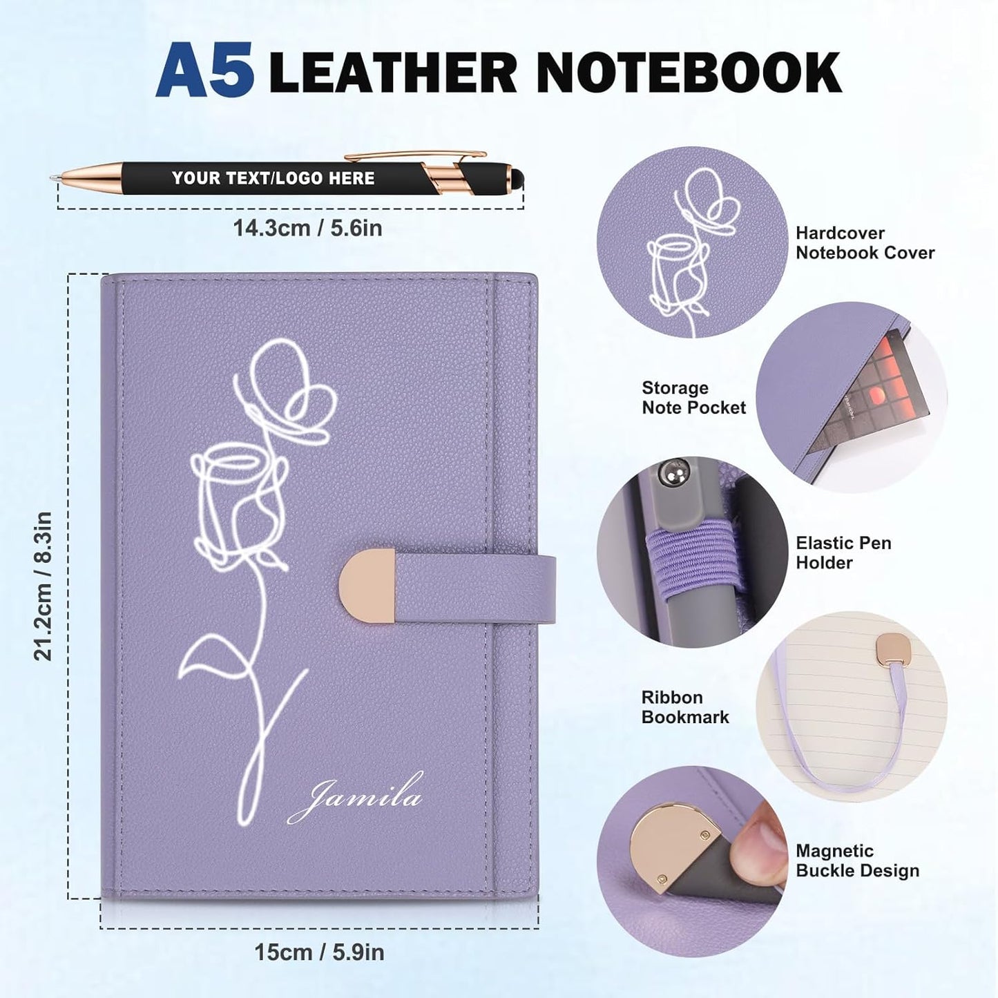 ENOMY Personalized Notebook &10 PC Stylus Pens Custom A5 Notebook with Storage Pocket Personalized Journal with Magnetic Closure for College Holiday Office Business Gift, Blue