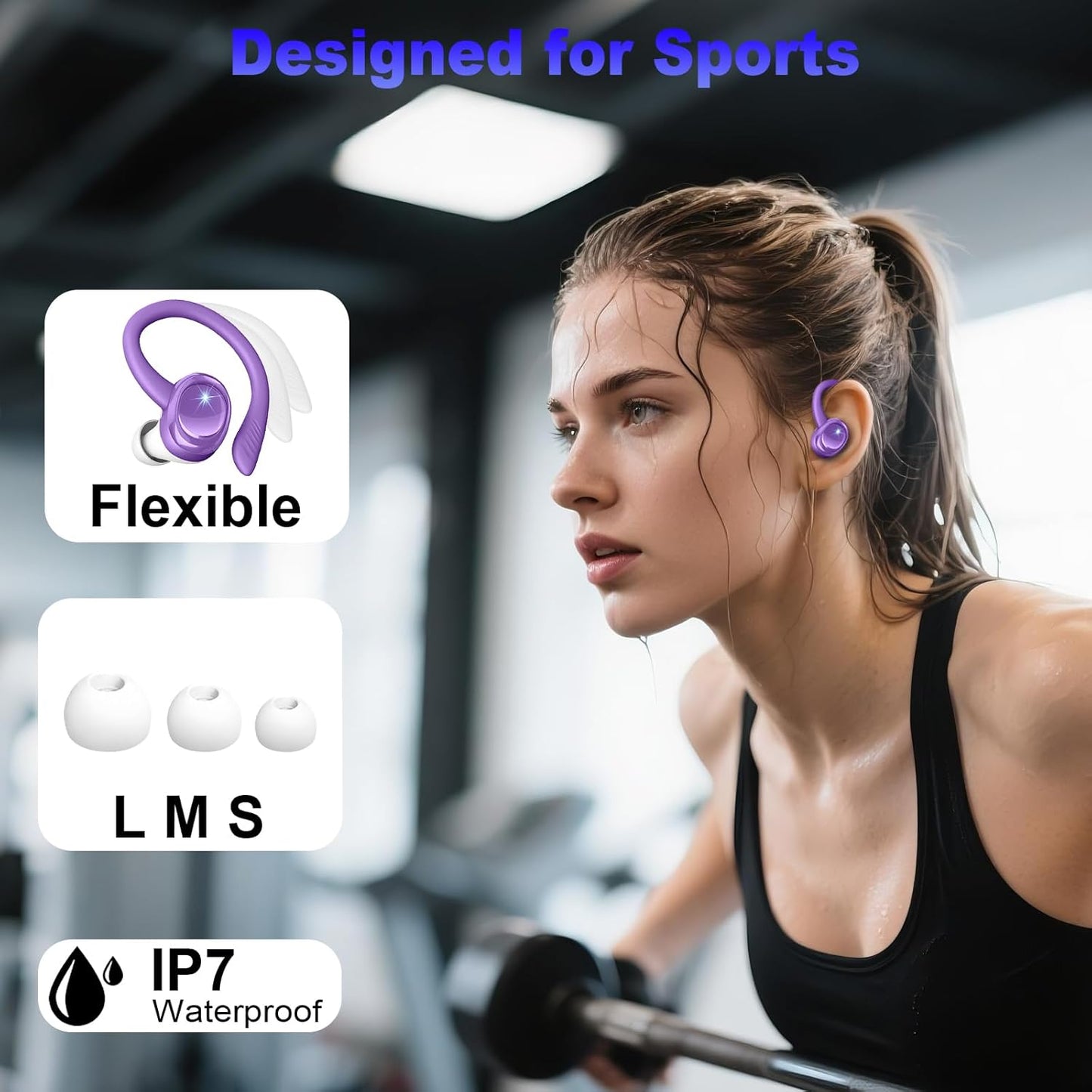 Wireless Earbuds Sport, New Bluetooth 5.4 Headphones with Earhooks, 50H Stereo Deep Bass Over Ear Buds with 4 ENC Noise Canceling Mics, IP7 Waterproof Earphones for Running Workout Gym -Purple