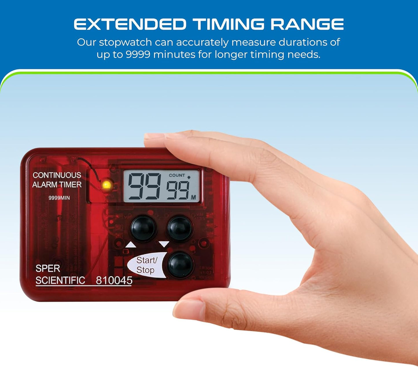 Sper Scientific Continuous Alarm Timer with Count Up Count Down & Visual Indicator 810045 - Bright LED Alarm & 9999-Minute Range - Portable Design for Cooking, Experiments, Fitness & More