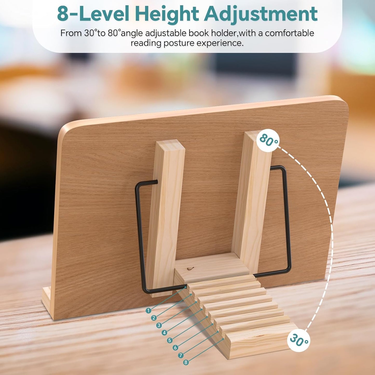 Book Reading Stand,8 Adjustable Height Holder Tray with Elastic Page Paper Clips for Textbook/Cookbook/Music Scores/Tablet/Laptop,Lightweight Reading Hands Free Desktop Document Book Mount
