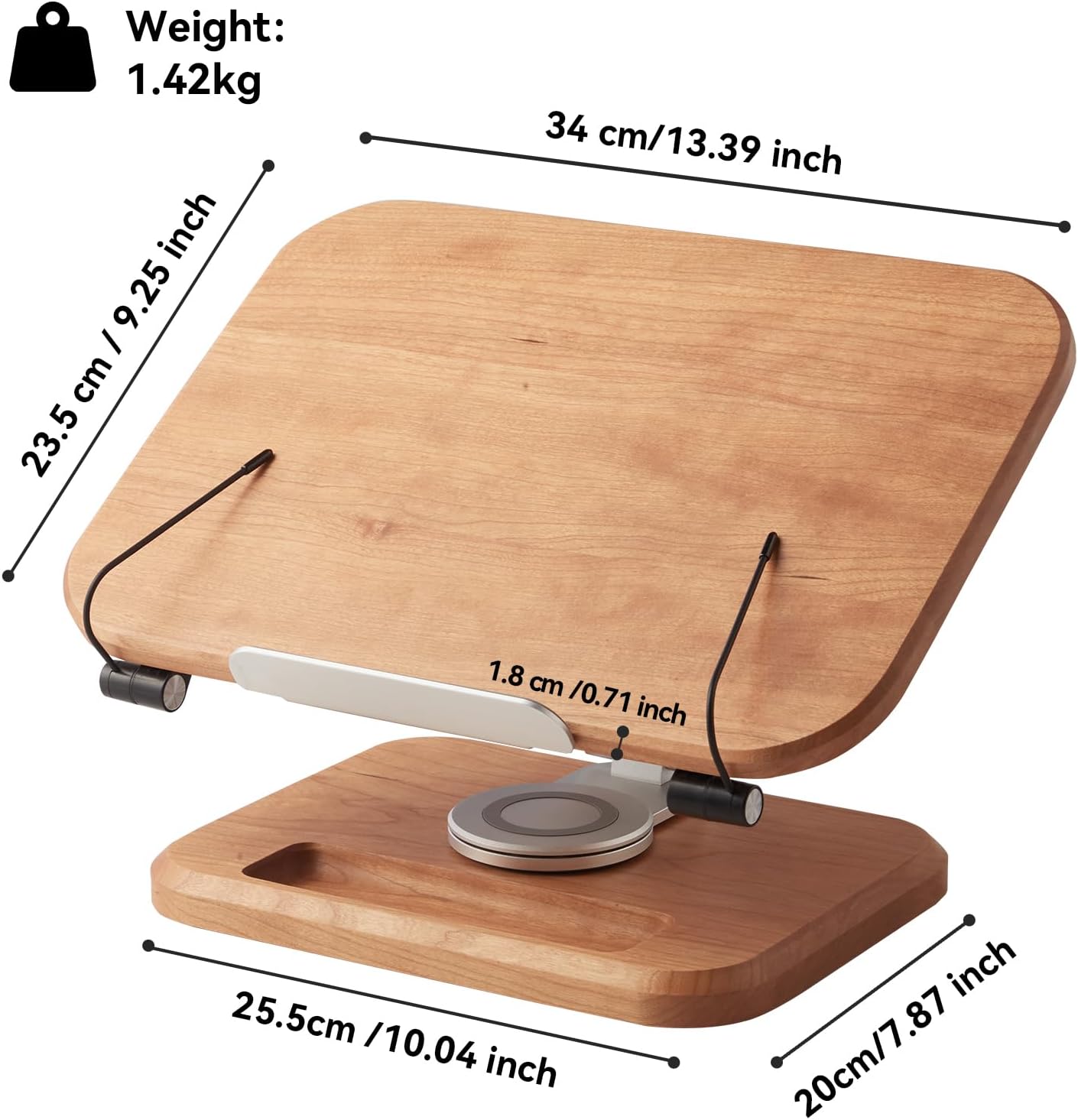 Book Stand for Reading, Mayhas Adjustable Book Holder with 360° Swivel Base&Page Clips, Foldable Desktop Stand for Cookbook, Fits All Books (Cherry Wood, Wood Base)