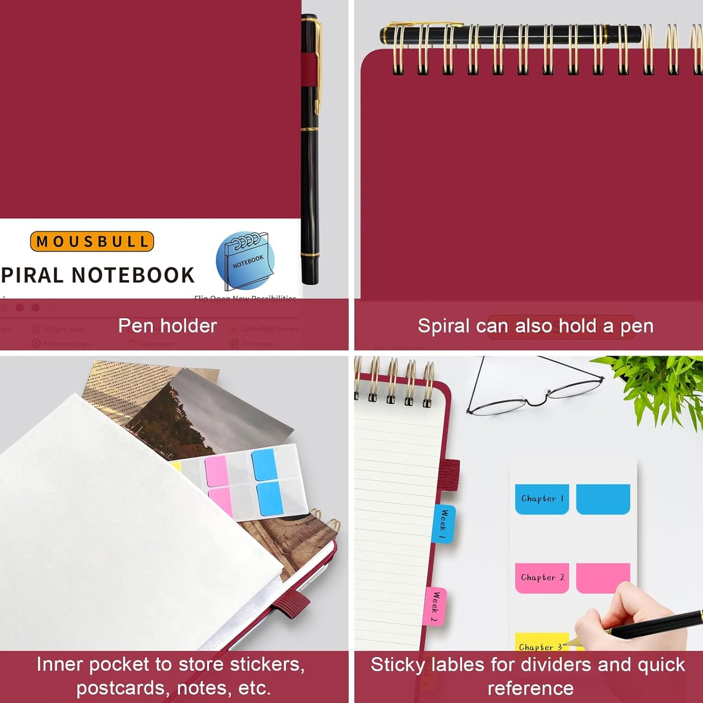 Mousbull Top Spiral Notebook, A4 Hardcover Top Bound Steno Pads, 240 Pages 100gsm College Ruled Left Handed Notebook Journal for Work, School, Meeting Writing - Red, 8.5" x 11"