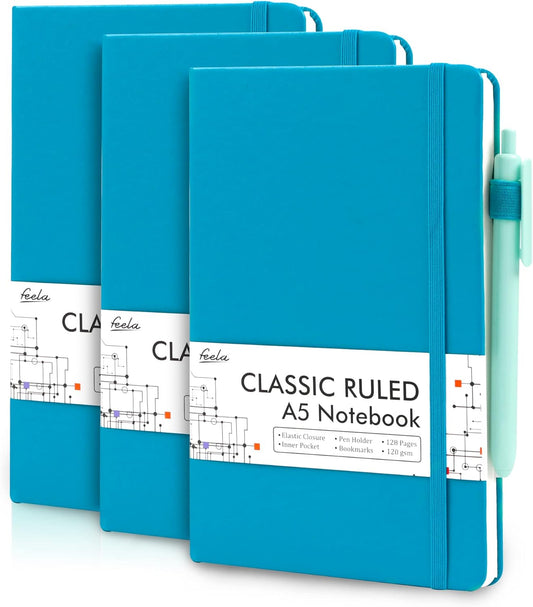 feela 3 Pack Notebooks Journals Bulk, Hardcover Notebook Classic Ruled Lined Journal Set with Pen Holder for Work Business Journaling Note Taking, with 3 Black Pens, 120 GSM, 5.1”x8.3”, A5, Teal