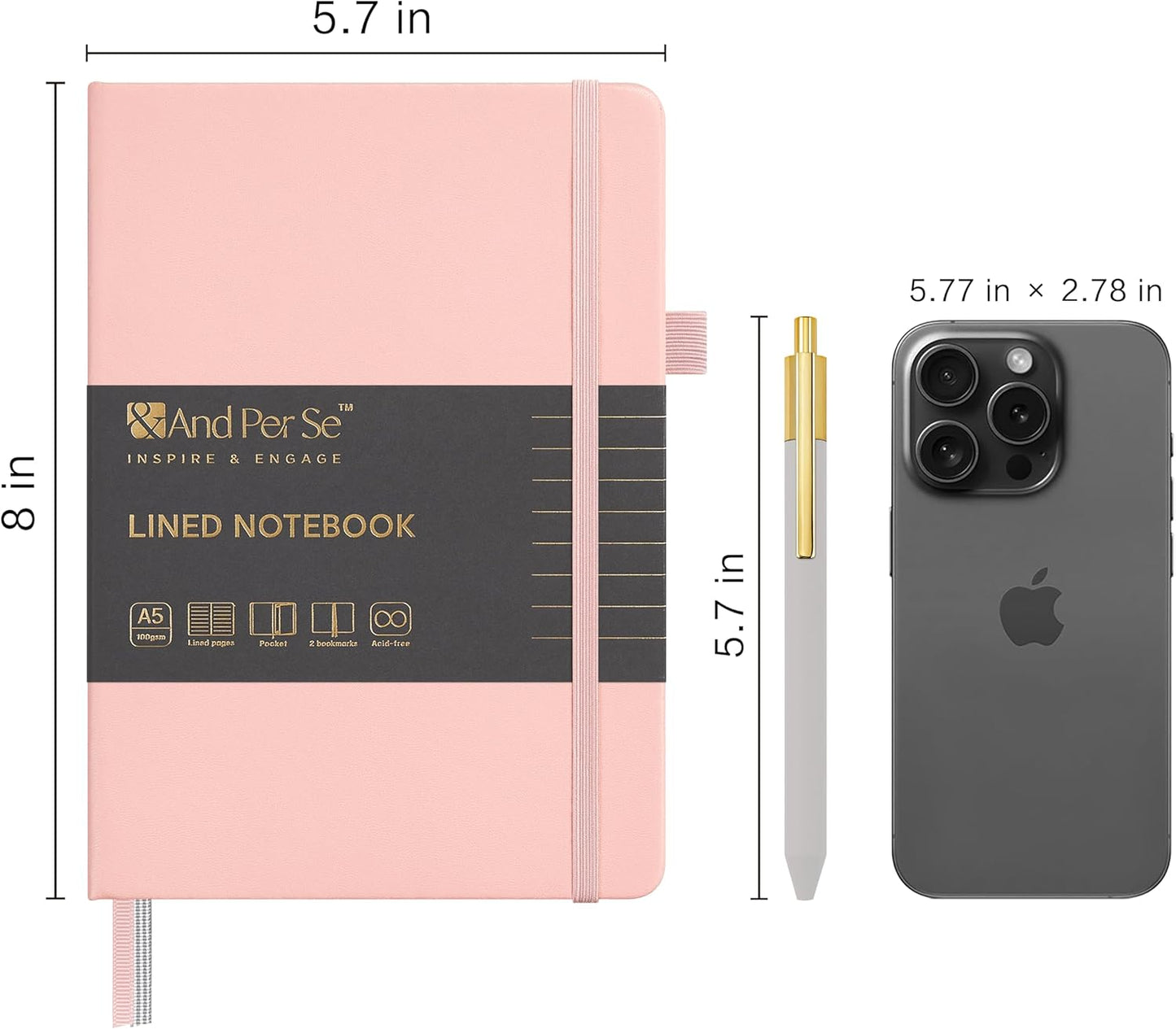 &And Per Se Lined Journal and Pen Set (3 packs), A5 Leather Journal Stationery Set, 160 Pages 100GSM Thick Paper, Notebook Gift Set (Pink)