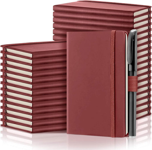 Laumoi 36 Sets Pocket Notebook Journals with Pens A6 Cute Small Journal Notebook Ruled Lined Mini Notepad Hardcover Executive Notebooks Set with Pen Holder for School Office, 3.7 x 5.7 Inch(Burgundy)