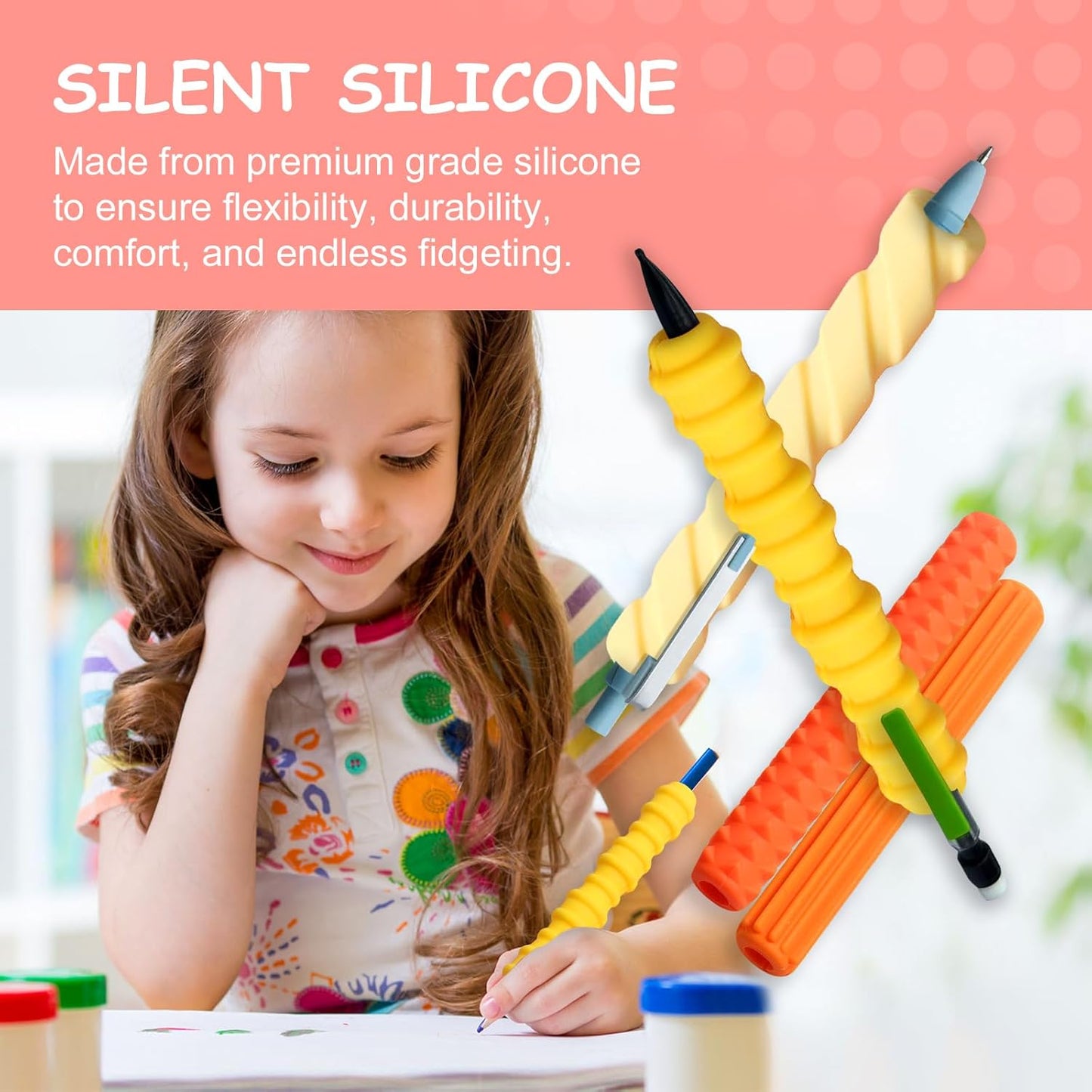 Pencil Grips, 4-Pack Textured Silicone Sleeves for Mechanical Pencils, Sensory Fidget ADHD Tool for Kids and Adults, Quiet Fidget Tools for Classroom Focus, Anxiety Relief (Yellow)