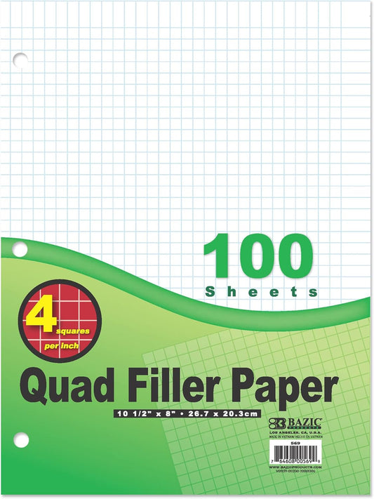 BAZIC Products Filler Paper Loose Leaf Papers 100 Sheet, 4-1" Quad Ruled, 3 Hole Punched for Ring Binders, Graph Drafting for Office School Student, 36-Pack