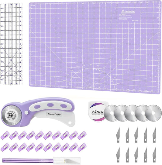 Rotary Cutter Set Purple - Quilting Kit incl. 45mm Fabric Cutter, 5 Replacement Blades, A2 Cutting Mat, Acrylic Quilting Ruler, Sewing Clips, Craft Knife Set, Ideal for Crafting, Sewing, Patchworking