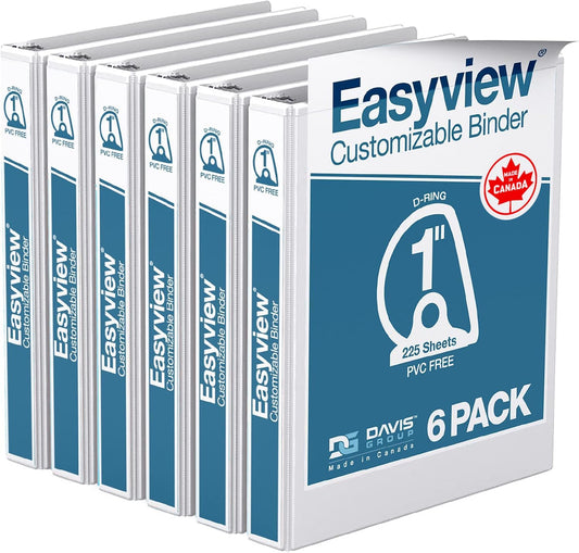 EasyView Premium 1-Inch Binders with Clear-View Covers, 3-Ring Binders for School, Office, or Home, Colored Binder Notebooks, Pack of 6, D Ring, White