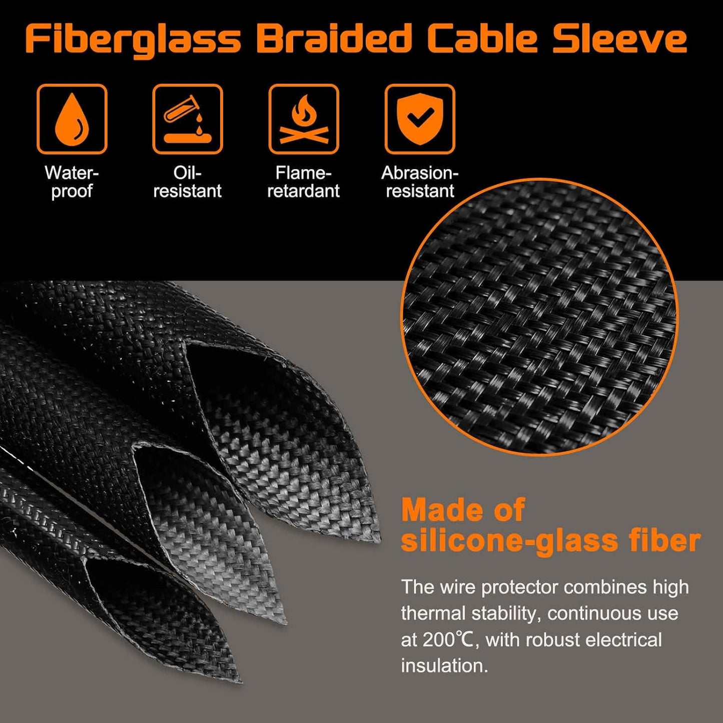 MECCANIXITY 30ft Braided Cable Sleeve, 3/8" ID 200C High Temperature 1500V Fiberglass Wire Insulation Cord Protector Organizer Wires Management for Motor Engine Fuel Line, Black