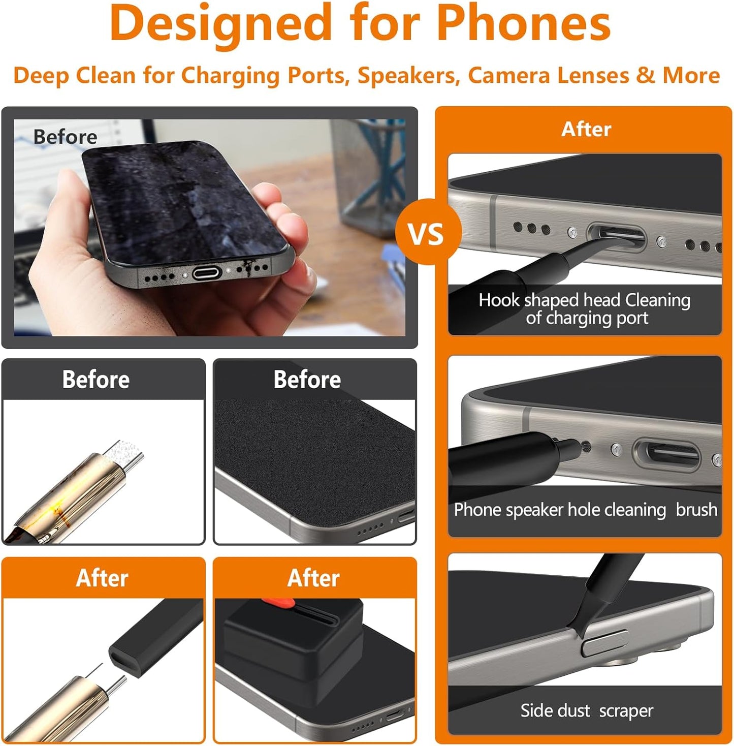 Cell Phone Cleaning Kit, iPhone Cleaning Kit for Charging Port Cleaner Keyboard Cleaning Kit for Airpods/Android/USB C/Earbuds/Laptop/iPad/Camera Lens with Stylus Pen (Black)