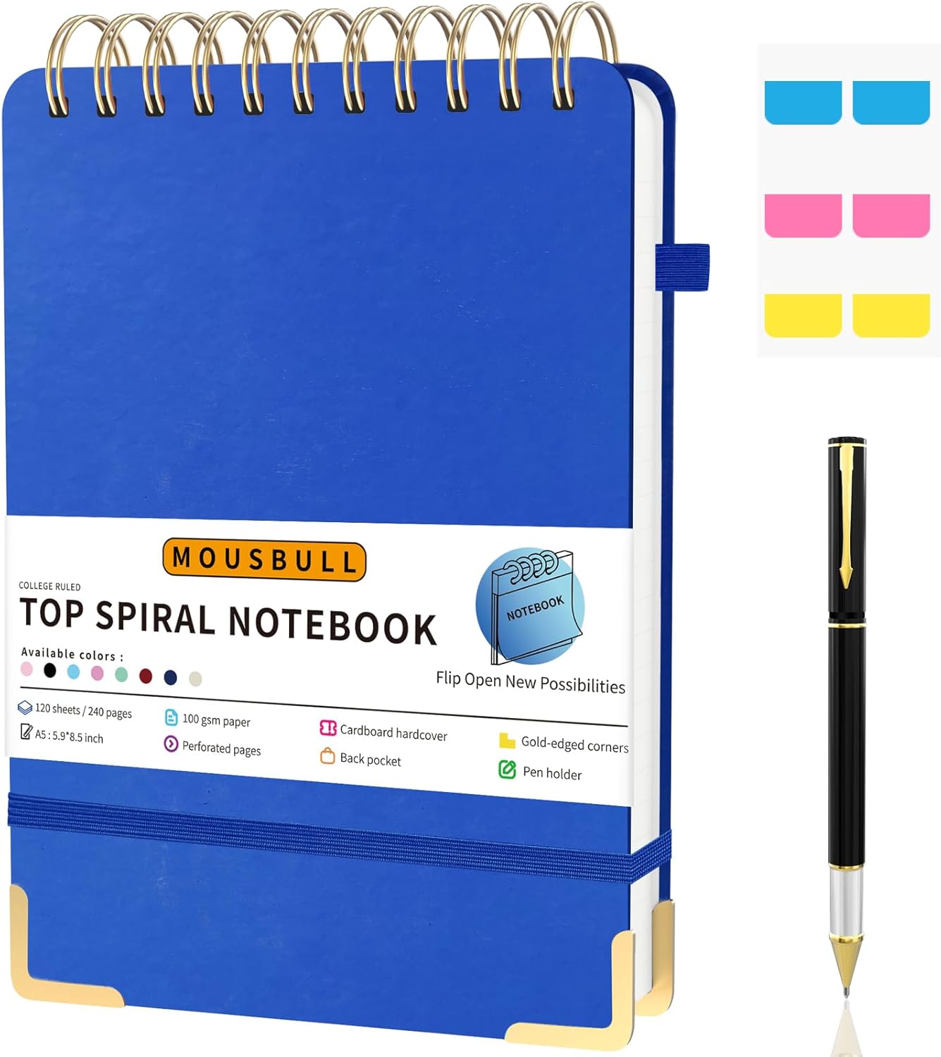 Mousbull Top Spiral Notebook, A5 Hardcover Top Bound Steno Pads, 240 Pages 100gsm College Ruled Left Handed Notebook Journal for Work, School, Meeting Writing - Navy Blue, 5.9" x 8.5"